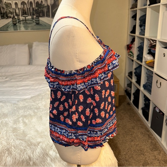 Xhilaration | NWT Asymmetrical Off Shoulder Flowy Ruffle Floral Latinx Print Top - Picture 2 of 12